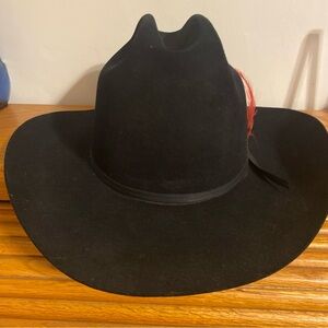 Vintage Black Felt Cowboy Hat with Red Feather Accent